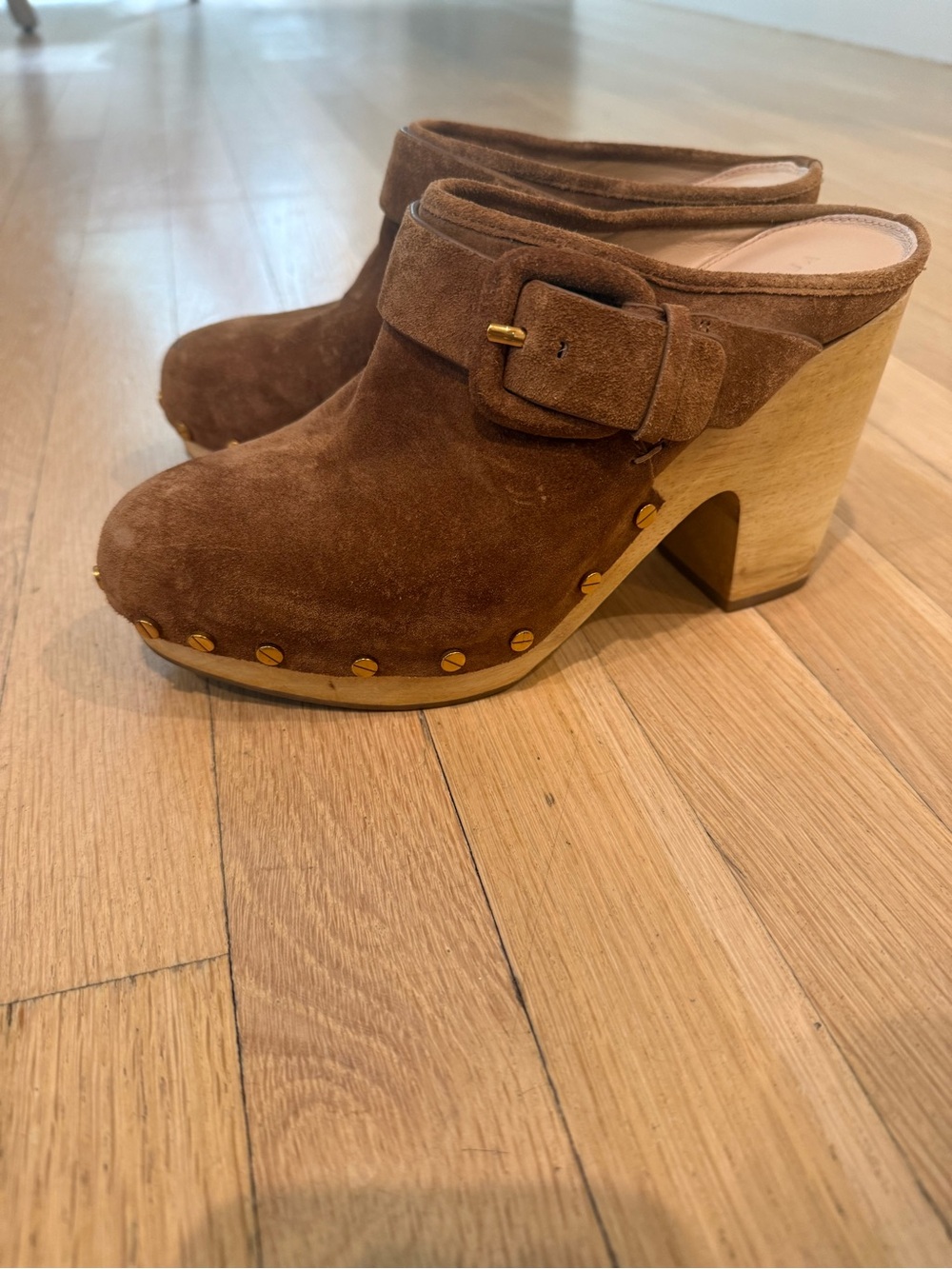 Veronica Beard Brown Suede Clog Mules with Wood Block Heel